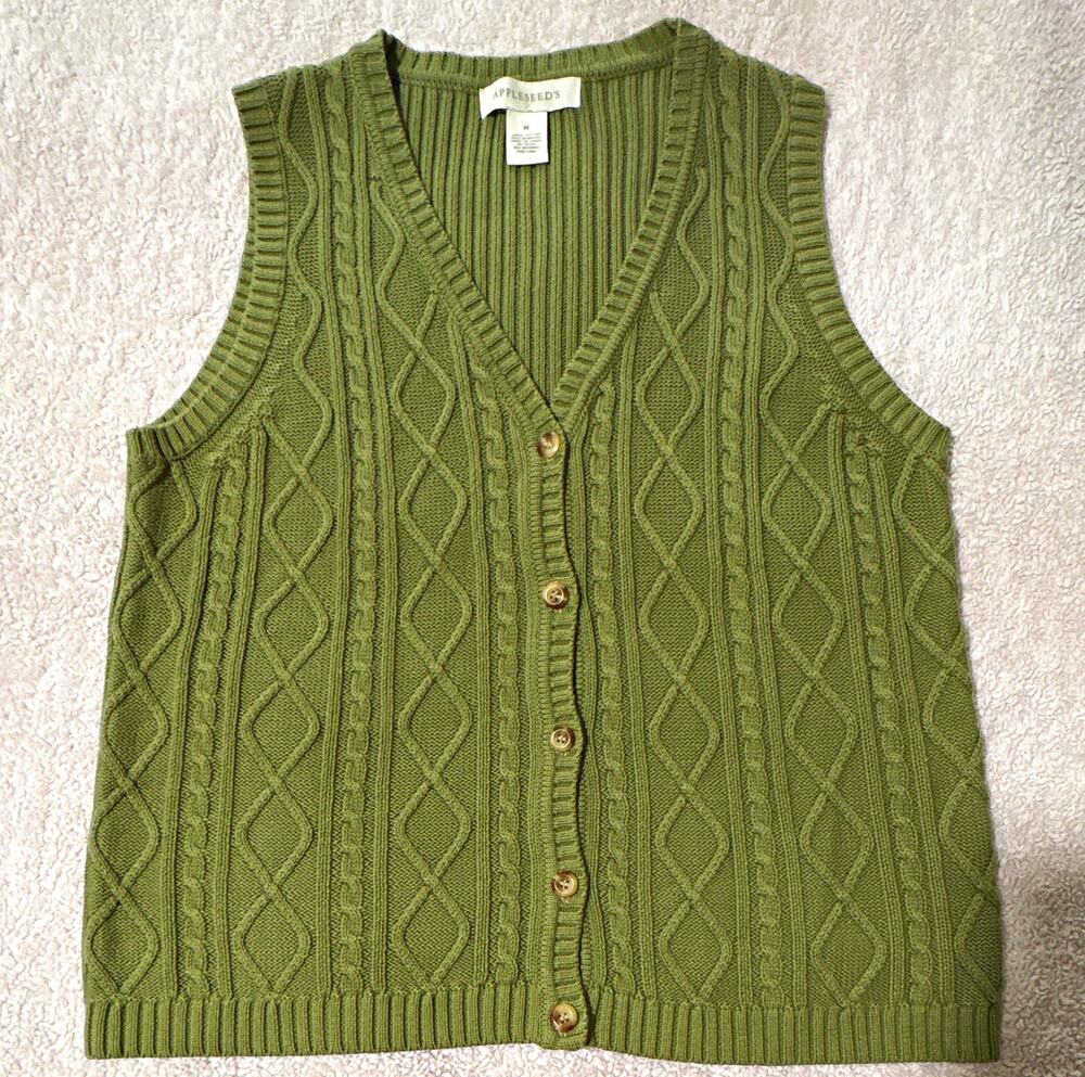 Appleseed's M Green Cable Knit V-Neck Button Front Sweater Vest Cotton